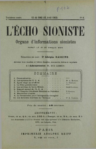 L'Echo Sioniste. Vol. 3 n° 8 (15 août 1902)
